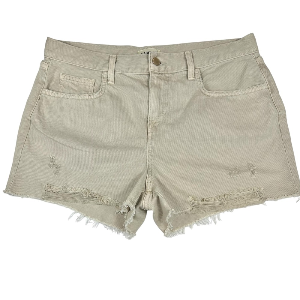 L'AGENCE Audrey Mid Rise Denim Shorts Biscuit Destruct Beige Frayed Hem 30